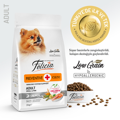 Felicia - Felicia 3 Kg Kolajenli Somonlu Az Tahıllı Small/Mini Yetişkin Köpek Maması /Mini HypoAllergenic Köpek Maması