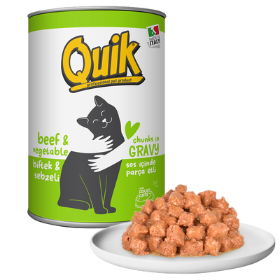 Quik - Quik Kedi 415 gr Biftek-Sebze Konserve 24 Adet