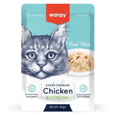 Wanpy 85 gr Pouch Tavuklu & Morina Balıklı Yaş Kedi Maması 12 Adet - Wanpy