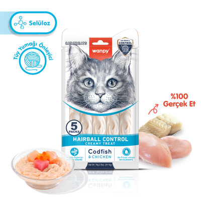 Wanpy Hairball Control Morina balığı&Tavuk 12'li-F.Krema Ödül 5x14gr - Wanpy
