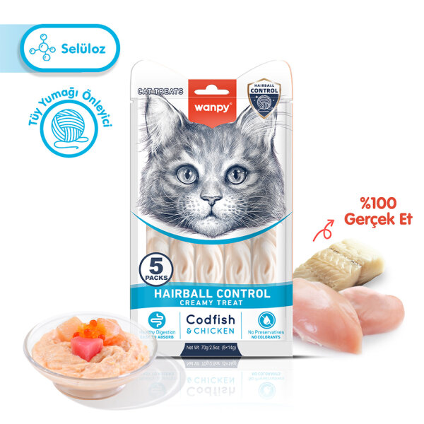 Wanpy Hairball Control Morina balığı&Tavuk 12'li-F.Krema Ödül 5x14gr - 1