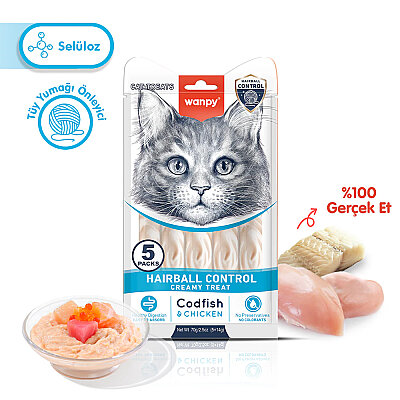 Wanpy Hairball Control Morina Balığı&Tavuk 12'li-F.Krema Ödül 5x14gr - Wanpy