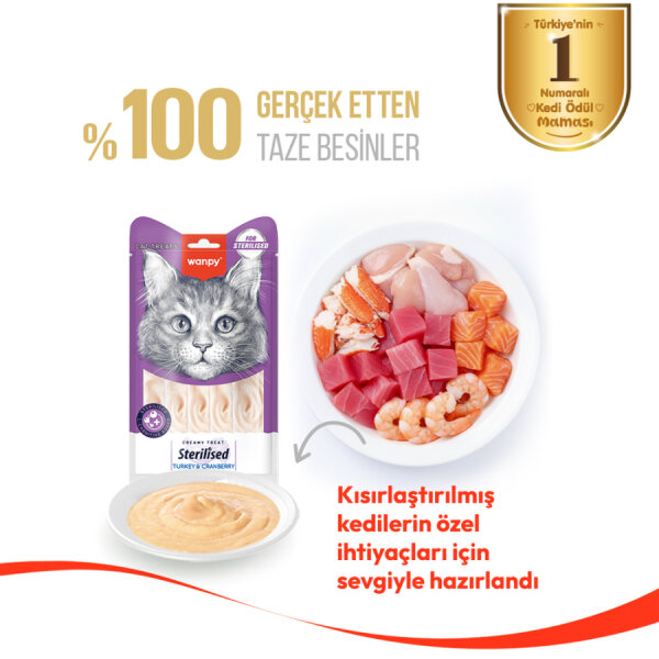 Wanpy Hindi & Kızılcıklı 12’li – Kısırlaştırılmış Kedi Krema Ödülü 5×14 g - 2