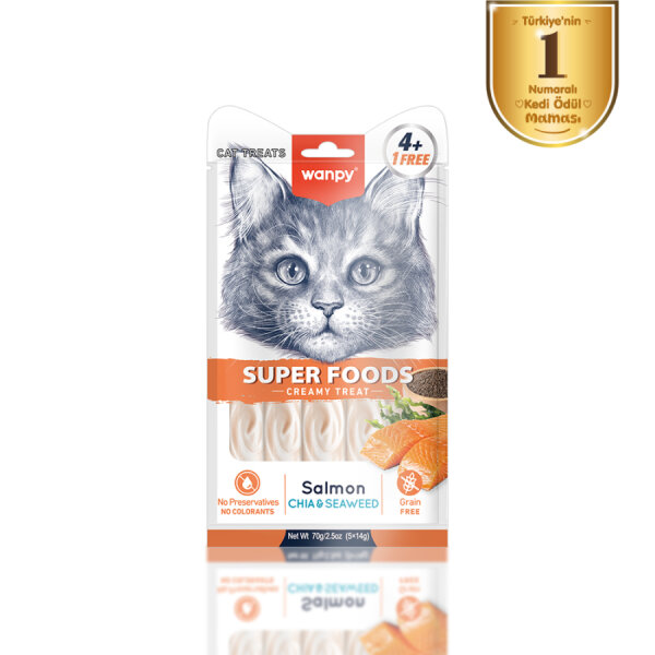 Wanpy Superfood Somonlu, Chia & Deniz Yosunlu 12’li – Krema Kedi Ödülü 5×14 g - 1