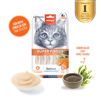 Wanpy Superfood Somonlu, Chia & Deniz Yosunlu 12’li – Krema Kedi Ödülü 5×14 g - 2