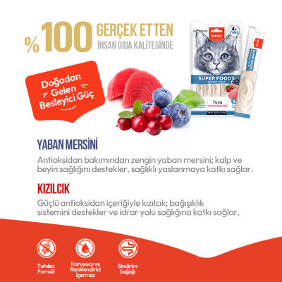 Wanpy Superfood Ton Balıklı, Yaban Mersini & Kızılcıklı 12’li – Krema Kedi Ödülü 5×14 g - 3
