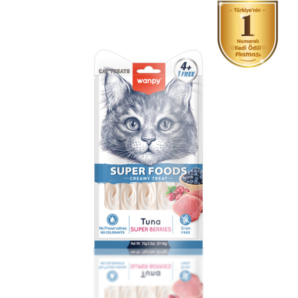 Wanpy Superfood Ton Balıklı, Yaban Mersini & Kızılcıklı 12’li – Krema Kedi Ödülü 5×14 g - 1