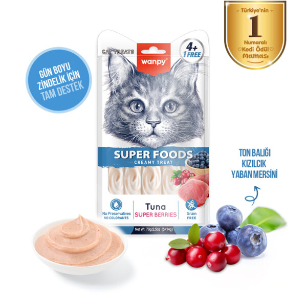Wanpy Superfood Ton Balıklı, Yaban Mersini & Kızılcıklı 12’li – Krema Kedi Ödülü 5×14 g - 2