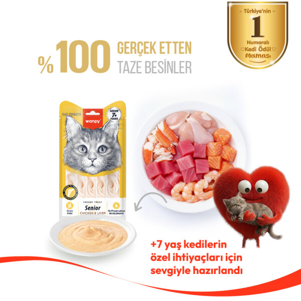 Wanpy Tavuklu & Ciğerli 12’li – 7+ Yaş Kedi Krema Ödülü 5×14 g - 2