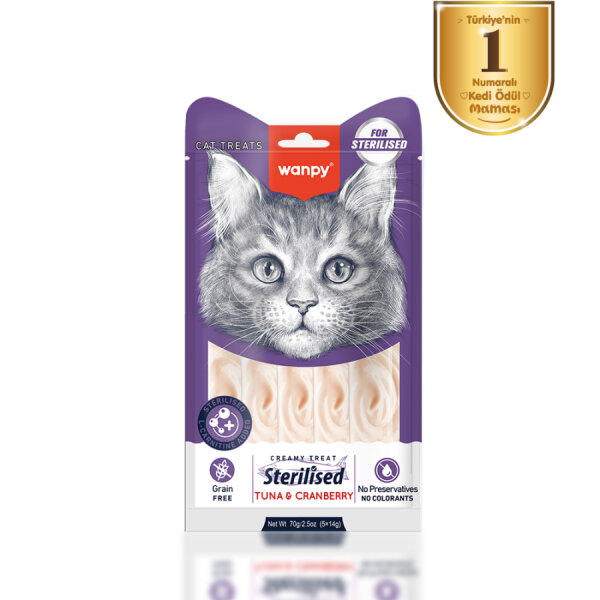 Wanpy Ton Balıklı & Kızılcıklı 12’li – Kısırlaştırılmış Kedi Krema Ödülü 5×14 g - 1